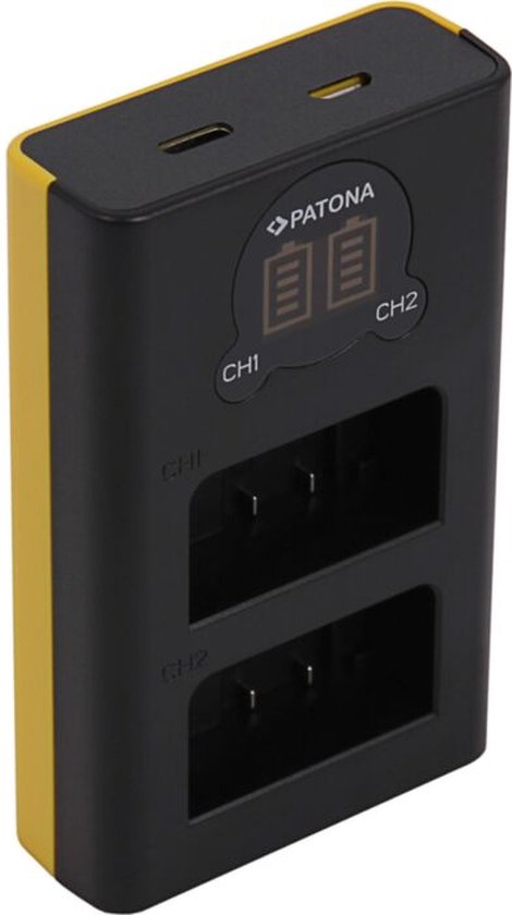 Zwarte PATONA dubbele USB-lader met gele zijkanten, LCD-scherm met 'CH1' en 'CH2', twee batterijsleuven.