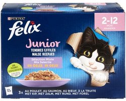 4x Felix in Gelei Junior (2-12m) Mix Selectie- Kattenvoer Natvoer - forel, Zalm ,Rund & Kip - 12x 85 g
