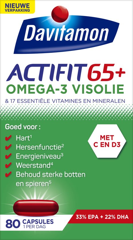 Davitamon Actifit 65+ Omega-3 Visolie - Multivitamine speciaal samengesteld voor 65 plussers - 80 capsules