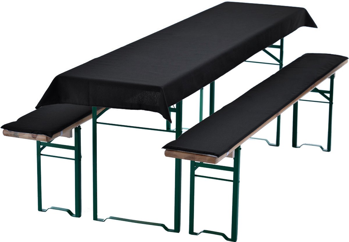 Bierbankkussens Set 240x90 cm Zwart - 1x Tafellaken voor 220x70 cm tafels & 2x Gevoerde kussens voor 220x25 cm banken