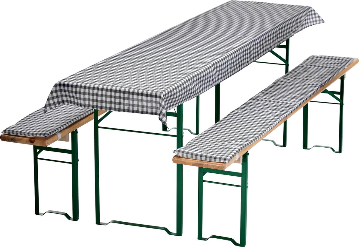 Bierbankkussens Set 240x70 cm Grijs Geruit - 1x Tafellaken voor 220x50 cm tafels & 2x Gevoerde kussens voor 220x25 cm banken