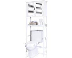 Toiletkast organizer vrijstaand bamboe wit - badkamer boven het toilet opbergkast met verstelbare binnenplank Wasmachine rek