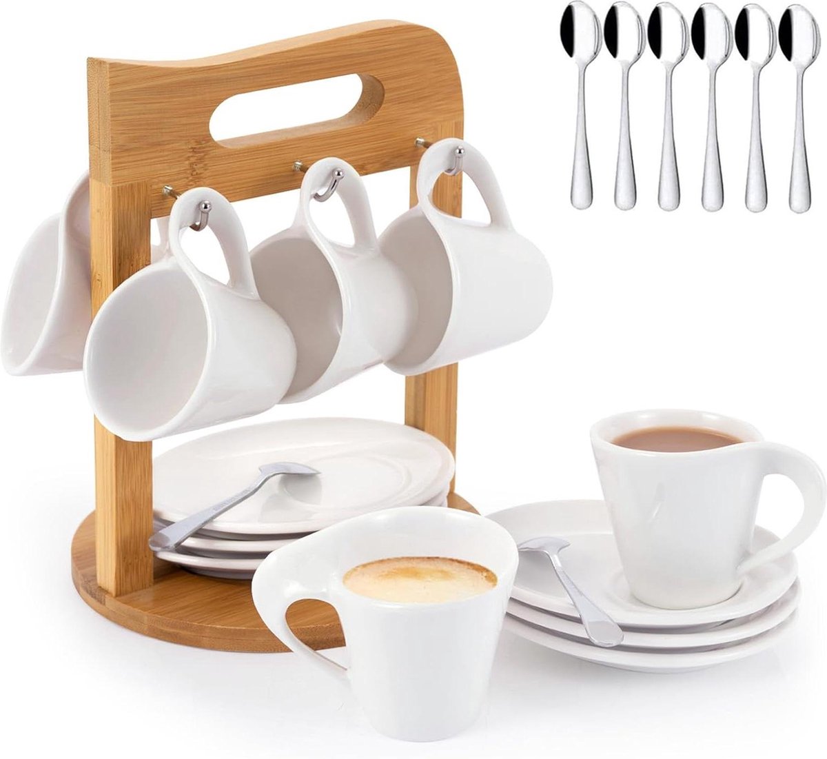 Koffiekopjes set van 6 met schoteltjes op bamboe standaard porseleinen espressokopjes 80 ml koffieservies voor 6 personen theeservies koffiekopjes set van 6