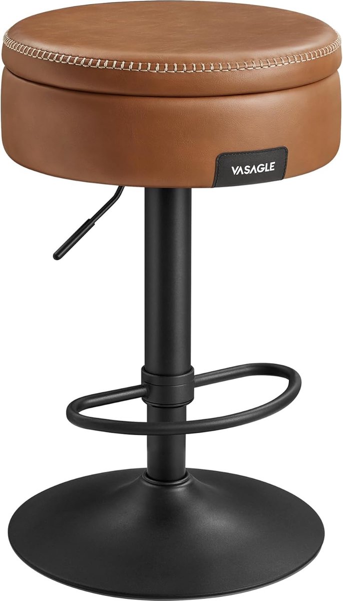 FurnStar - Barkruk - 360° draaibare barkruk - in hoogte verstelbare barstoel - met opbergruimte - kunstleer - naden - mid-century-moderne stijl - keuken - huisbar - eenvoudige montage - Karamelbruin