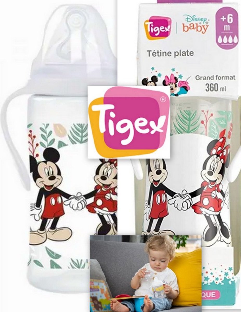 Goedkoopste Tigex Vrijstaand flesje | 6 maanden | 360 ml | siliconen fopspeen | anti-koliek | BPA-vrij | Disney Mickey & Minnie Mouse 6 m