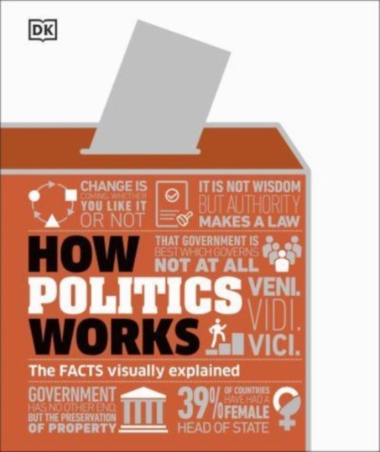 Boekomslag 'How Politics Works'. Oranje en grijze illustratie van een stembus met tekst.
