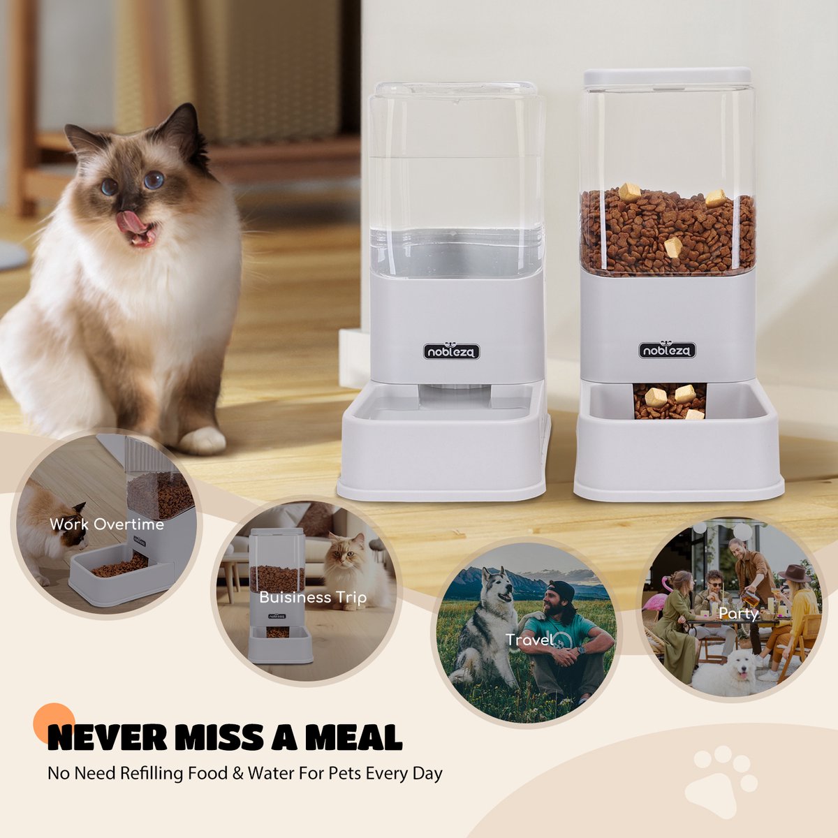 Nobleza 4021N - Automatische Dierenvoederset - Set van 2 - Fontein kat - Dier Voeder - Grijs thumbnail 5