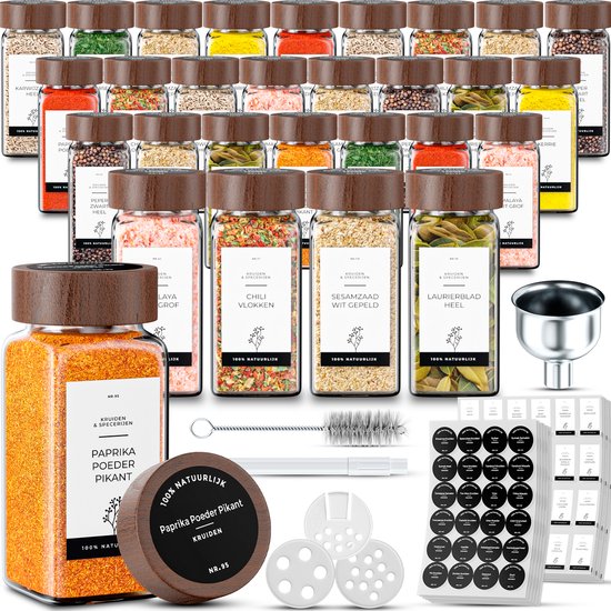 Organess 42 Glazen Kruidenpotjes Vierkant met Acacia Deksel – 3 Soorten Strooideksels – Kruidenstrooier – Spice Jars – Complete Set incl Kruiden Stickers, Krijtstift en Accessoires – 120ml