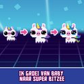 Een pixeleenhoorn groeit van baby naar super Bitzee, met een regenboogstaart en hoed.