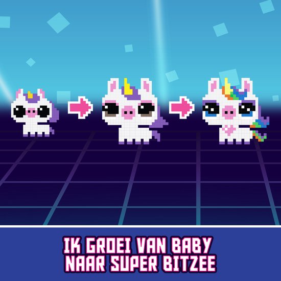 Een pixeleenhoorn groeit van baby naar super Bitzee, met een regenboogstaart en hoed.