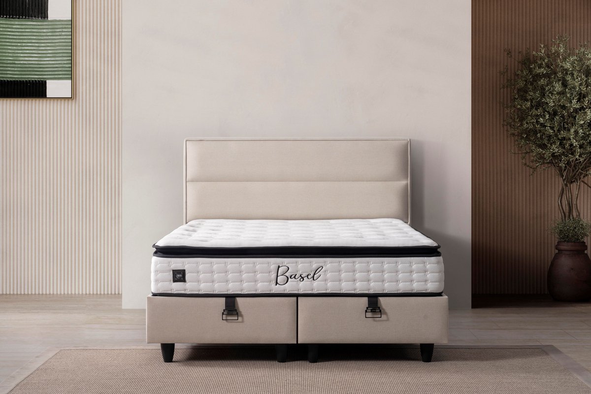 BSS Bedding Excelente - Bed Boxspring Set - Complete Boxspring - 140x200 - Slaapkamerbed - 1 x Matras met Topper - 2 x Bedbox - 1 x Hoofdbord Beige