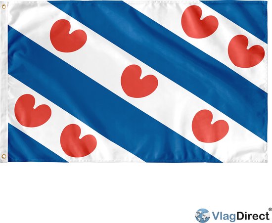 Friese vlag met blauwe en witte banen, met rode hartjes. Met verstevigde hoeken en ringen.