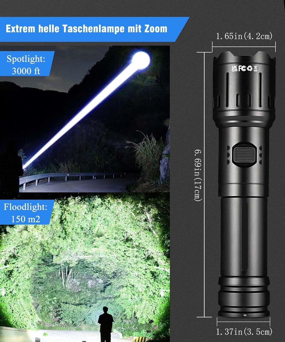 ZEUSFIRE Led-zaklamp, oplaadbaar, 1000000 lumen, extreem helder, met USB- oplaadbaar, 7 lichtmodi, tactische zaklampen, IPX7 waterdicht, voor kamperen, wandelen ZEUSFIRE Led-zaklamp, oplaadbaar, 1000000 lumen, extreem helder, met USB- oplaadbaar, 7 lichtmodi, tactische zaklampen, IPX7 waterdicht, voor kamperen, wandelen