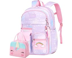 Ultiluxe® Schooltas en lunchtas voor kinderen - Paars/blauw/roze - 2 stuks - Hartjes rugzak voor meisjes - Eenhoorn schoolrugzak met sleutelhanger - 2-delige tassen set voor meiden - Rugtas met regenboog - Kleine unicorn tas