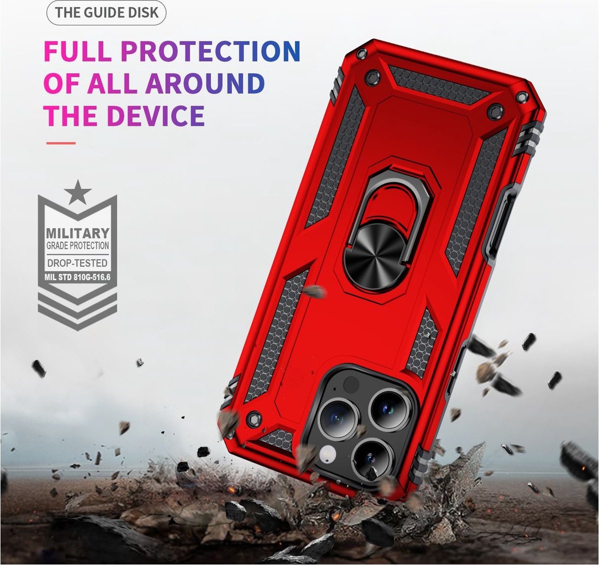 Mobigear Hoesje geschikt voor Apple iPhone 16 Pro Telefoonhoesje Hardcase | Mobigear Armor Ring Backcover Shockproof met Ringhouder | Schokbestendig iPhone 16 Pro Telefoonhoesje | Anti Shock Proof - Rood