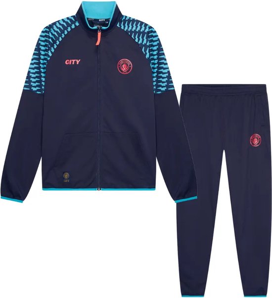 Donkerblauw trainingsjack en -broek met neon-roze logo. Neon-blauwe, geometrische print op de mouwen.