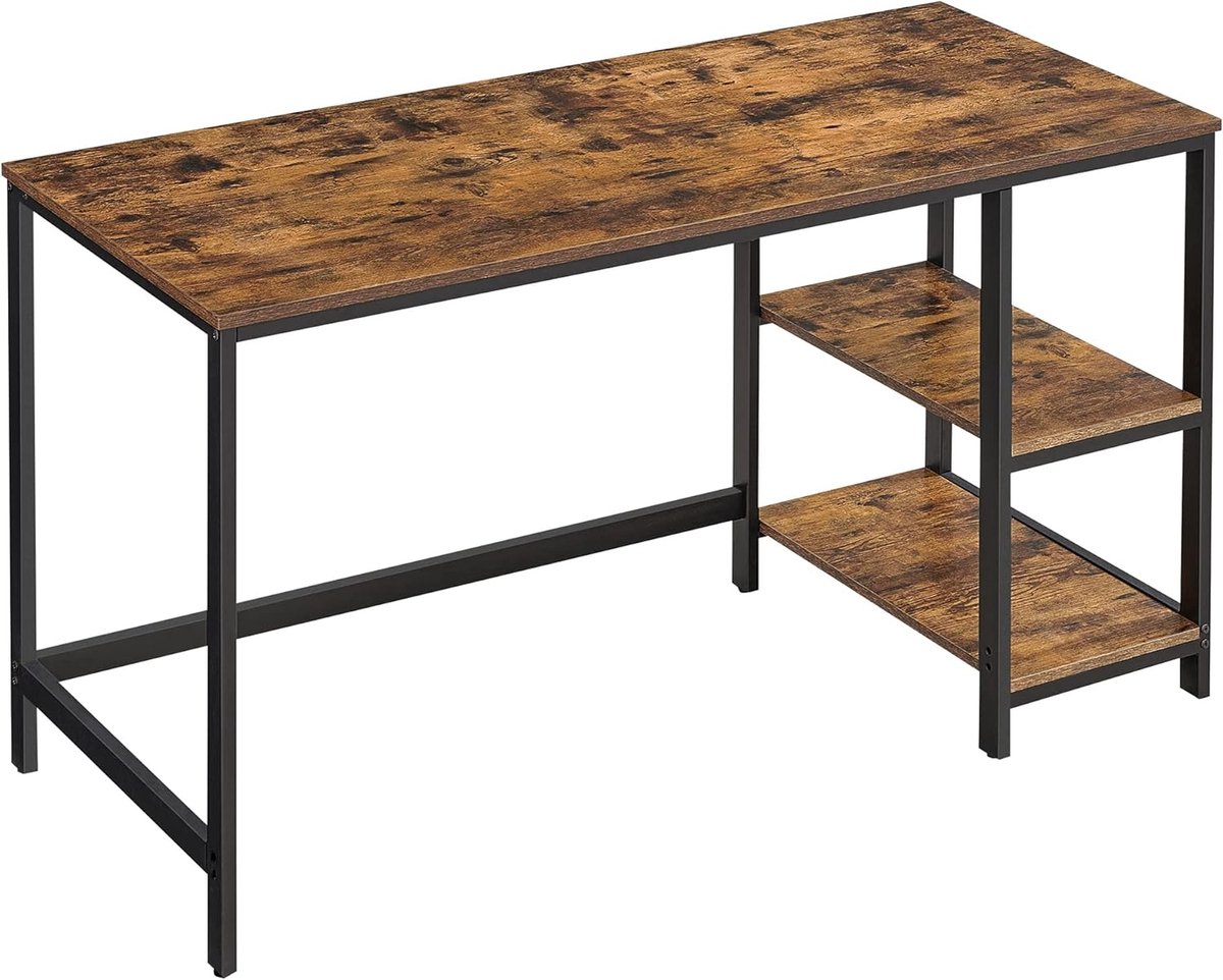 FurnStar - Bureau - computertafel - pc-tafel - bureautafel - met 2 planken aan de rechter- of linkerkant - voor kantoor - woonkamer - stalen frame - industrieel design - 60D x 140B x 76H cm - vintabruin + zwart.