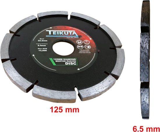 Zwarte diamantschijf met gekartelde randen, 125mm diameter, 6,5mm dik, met tekst 'TEIKUTA' en '125MM DIAMOND MORTAR REMOVING DISC'.