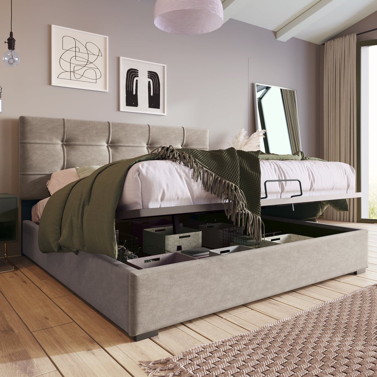 Merax Gestoffeerd Tweepersoonsbed 140x200 cm met Matras - Velvet Bed met Hydraulische Opbergruimte - Lichtgrijs