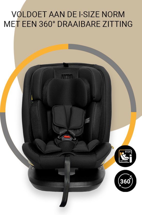 Siège auto noir conforme à la norme i-size, siège pivotant à 360°, avec logos.