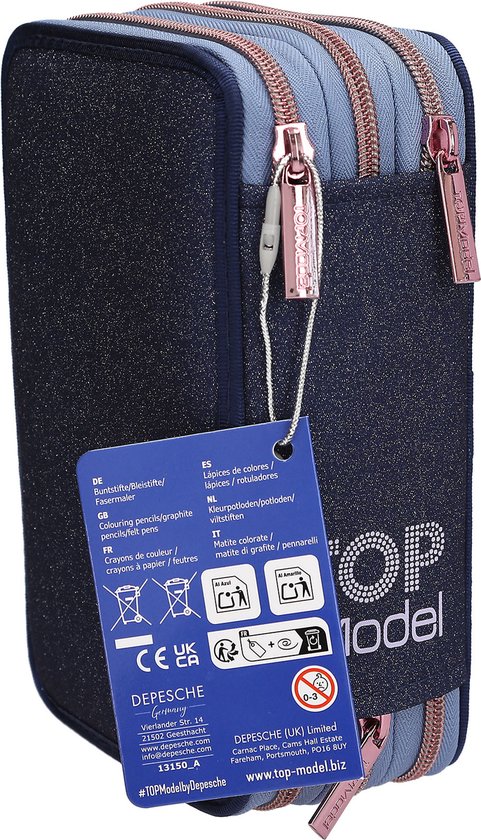 Depesche 13149 TOPModel Wolf - Filled 3-compartment pencil case in dark blue, with model motif, stars and glitters, pencil case with colored pencils, ruler, scissors and much more