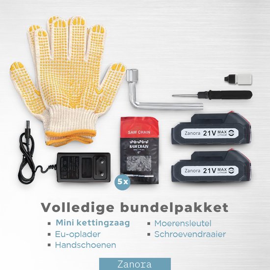 Zanora® Garden - Mini Kettingzaag - 15 cm Zaagblad - 2 Accu’s - 21V - Incl. 5 Kettingen van Merkloos	 — afbeelding 2