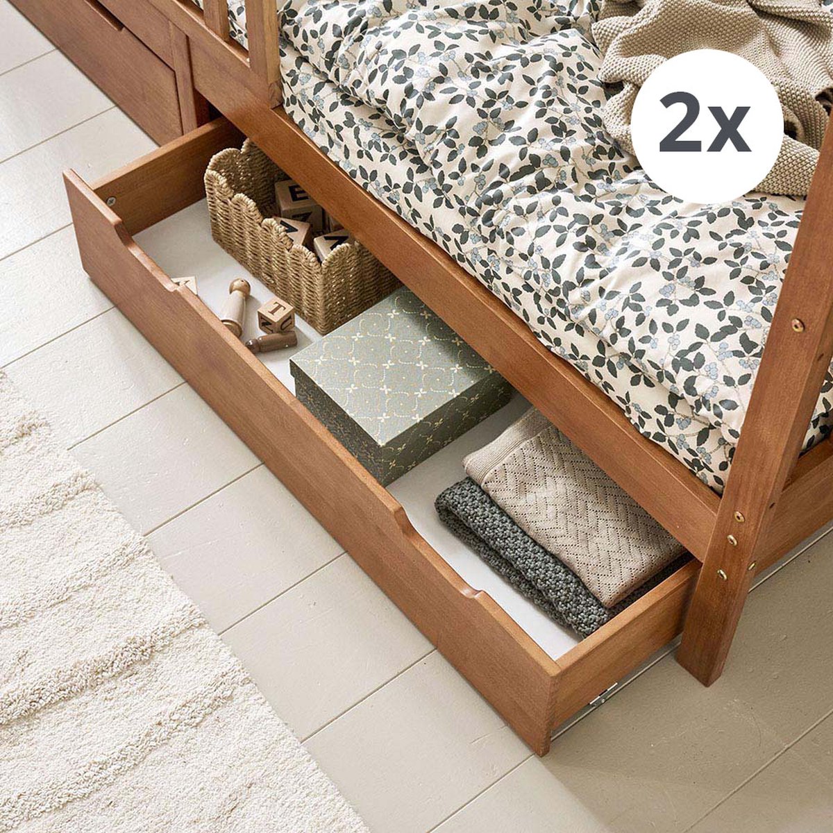Petite Amélie Opberglade Maison – Walnoot – 90x200 cm – Set van Twee - Massief Hout – Verrijdbaar op Wieltjes - Makkelijk te Openen door Uitsparingen
