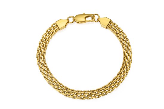 Gouden Bismarck schakelarmband met gespsluiting. Drie lagen van visgraatpatroon schakels.
