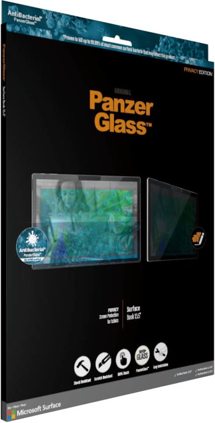 Verpakking van PanzerGlass Antibacterial Privacy screenprotector voor Surface Book 13.5 inch.