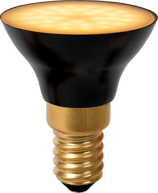 Une lampe LED noire G45 avec culot E14, émettant une lumière blanc chaud.