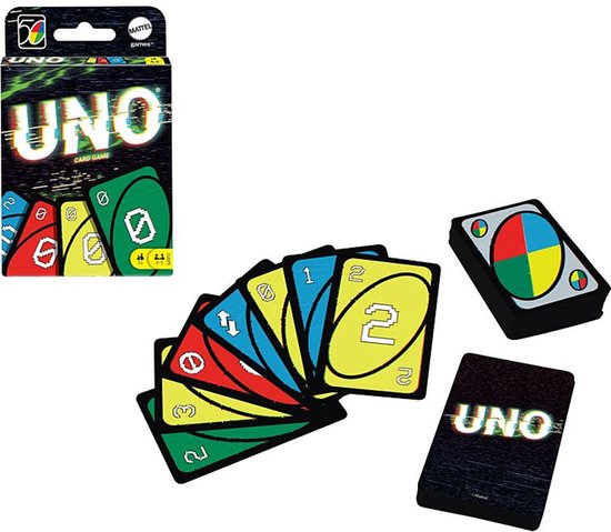 UNO kaartspel met kleurrijke kaarten: geel, rood, blauw en groen. De doos toont het UNO logo.