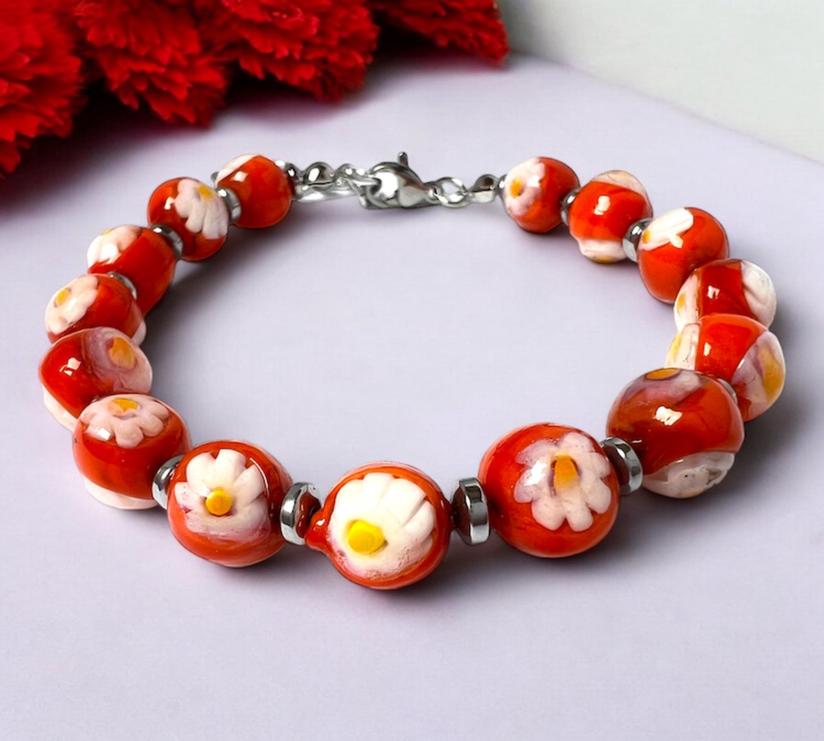 Corte Murrina - Murano glas armband - 'San Remo' Rosso - Rood - Gebloemd - 21cm - Exclusief bij Bella Murano