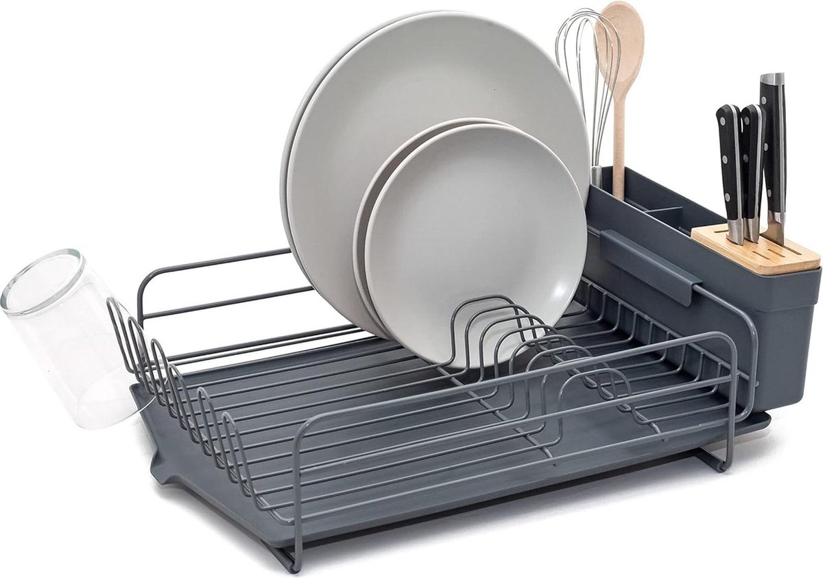 Goedkoopste Hoogwaardig afdruiprek voor borden met bestekhouder en lekbak - Grijs - keukenorganizer - bordenrek afdruiprek met lekbak inklapbaar