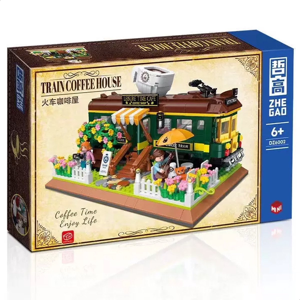 Zhe Gao DZ6002 Classic Trein Café bouwset incl. 4 minifigures | City & friends adventure Modelbouw | Educatief Creator speelgoed bouwpakketten voor kinderen & volwassenen | Bloemen foodtruck niet compatibel met lego | Bouwdoos met 1081 bouwstenen — afbeelding 14