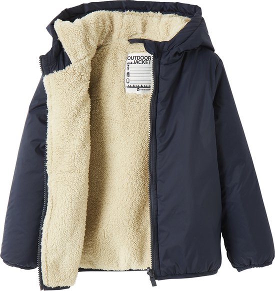 Donkerblauwe jas, open met capuchon, rits en beige teddy voering.