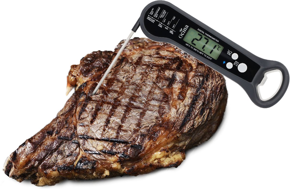 Ocina - Vleesthermometer - BBQ Thermometer - Vleesthermometers Digitaal - Bieropener - Zwart - Black Friday 2023