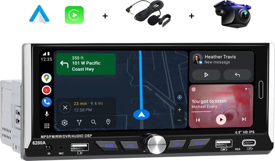 Boscer® Autoradio 1Din Universeel - Android 13 - Apple Carplay & Android Auto (Draadloos) - 6,9 Inch HD Touchscreen - 2+64GB - GPS Navigatiesysteem - USB, USB-C, WIFI, Bluetooth - MP5 - Achteruitrijcamera & Microfoon - 2025 Model