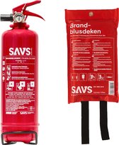 SAVS Brandblus box - Poeder klein - Brandblusser poeder 1 kg & Blusdeken 100 x 100cm - Blusrating 8A 55B C - Met montagebeugel & ophangoog - Ook voor auto, boot, caravan of camper - Poederblusser & Branddeken voor o.a. thuis & keuken