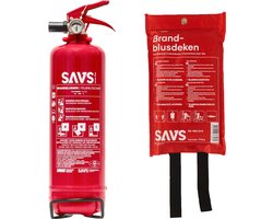 SAVS Brandblus box - Poeder klein - Brandblusser poeder 1 kg & Blusdeken 100 x 100cm - Blusrating 8A 55B C - Met montagebeugel & ophangoog - Ook voor auto, boot, caravan of camper - Poederblusser & Branddeken voor o.a. thuis & keuken