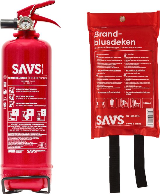 SAVS® Brandblus box - Poeder klein - Brandblusser poeder 1 kg & Blusdeken 100 x 100 cm - Blusrating 8A 34B - Met montagebeugel & ophangoog - Ook voor auto, boot, caravan of camper - Poederblusser & Branddeken voor o.a. thuis & keuken
