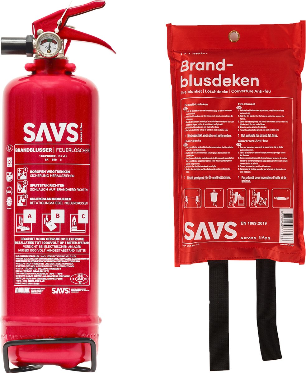 SAVS Brandblus box - Poeder klein - Brandblusser poeder 1 kg & Blusdeken 100 x 100cm - Blusrating 8A 55B C - Met montagebeugel & ophangoog - Ook voor auto, boot, caravan of camper - Poederblusser & Branddeken voor o.a. thuis & keuken