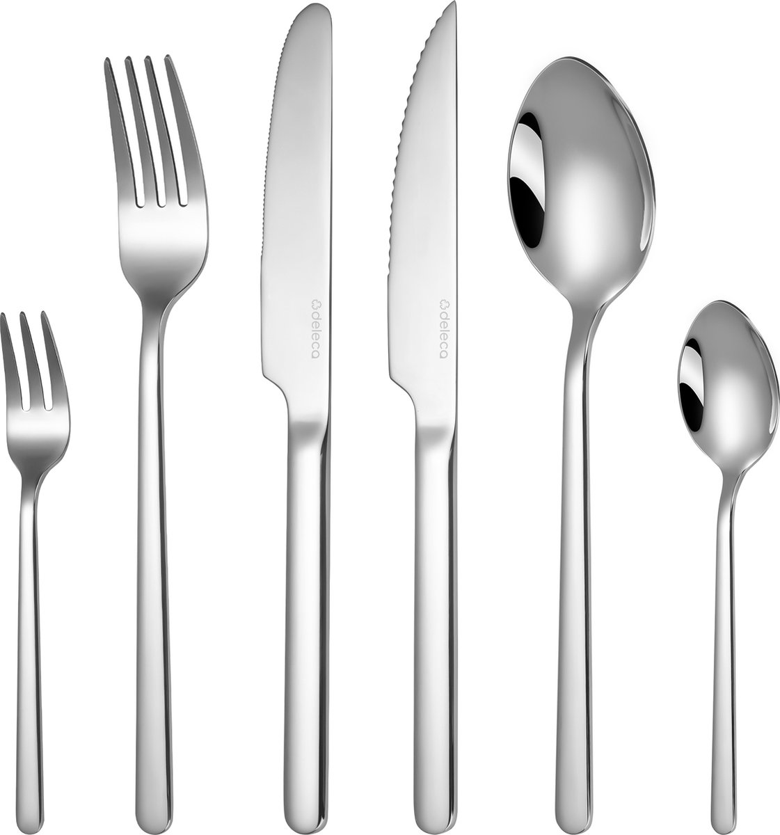 Deleca 6 Persoons Luxe Bestekset Velora - Lepels, Messen, Vorken, Steakmessen & Gebaksvorkjes - Vaatwasserbestendig Bestek - Zilver / Edelstaal