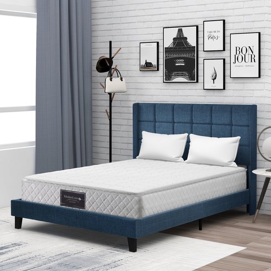 Merax Lit Double Rembourré 140x200cm avec Matras Mousse Froide 7 Zone - Lit Luxe avec Sommier à Lattes - Blauw