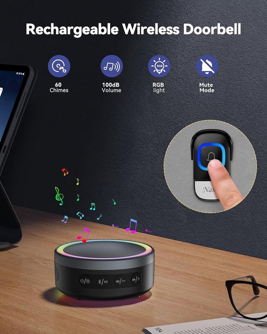 TECKNET Draadloze Bluetooth speaker met deurbelfunctie - Oplaadbaar met RGB Licht - Bereik tot 400M - 100dB / Mute Mode — afbeelding 5