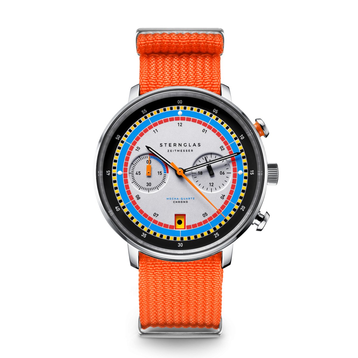 Sternglas S01-HC36-FI02 HAMBURG Heren Horloge - Saffierglas - Staal-Kunstleer - Zilverkleurig-Oranje - Ø 42 mm - Quartz - Gesp - 5 ATM (douchen)