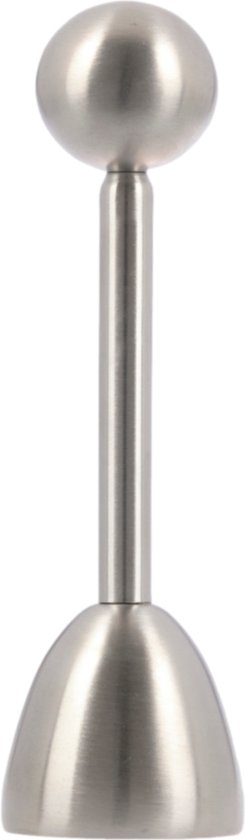 Coupe-œuf en acier inoxydable avec boule et base en forme de calice, sur fond blanc.