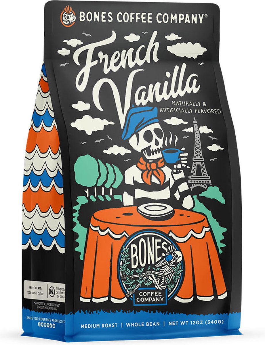 Goedkoopste Bones Coffee - French Vanilla - ground coffee - gemalen koffie - vanille koffie - halloween - koffie cadeau