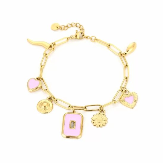 Bracelet à breloques détails roses charms - bracelet doré acier inoxydable waterproof femme