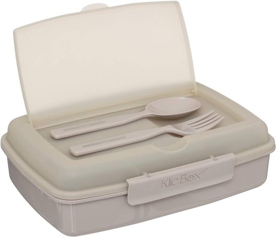 Foto: Klic box lunchbox voor volwassenen en kinderen 1200 ml met 3 vakken incl bestek de snackbox is geschikt voor magnetrons en vaatwassers voor school werk picknick en op reis beige 