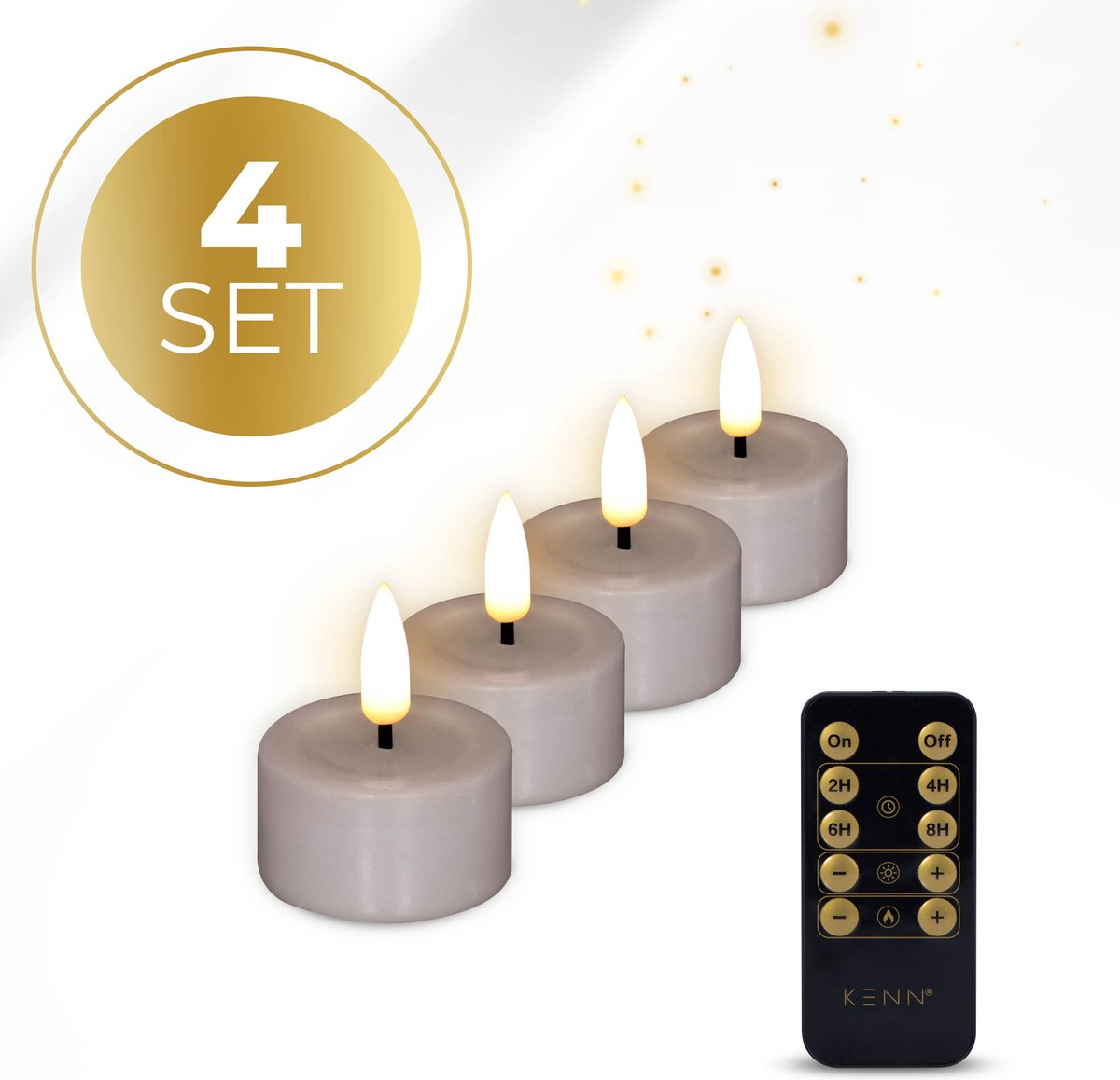 KENN® LED Waxinelichtjes – Set van 4 – Taupe – Echte Wax – Met Afstandsbediening & Timer – Tot 300 Branduren – Inclusief Batterijen – LED Theelichtjes – Kaarsen op Batterij – Realistisch Flikkerende Vlam - Nep Waxinelichtjes